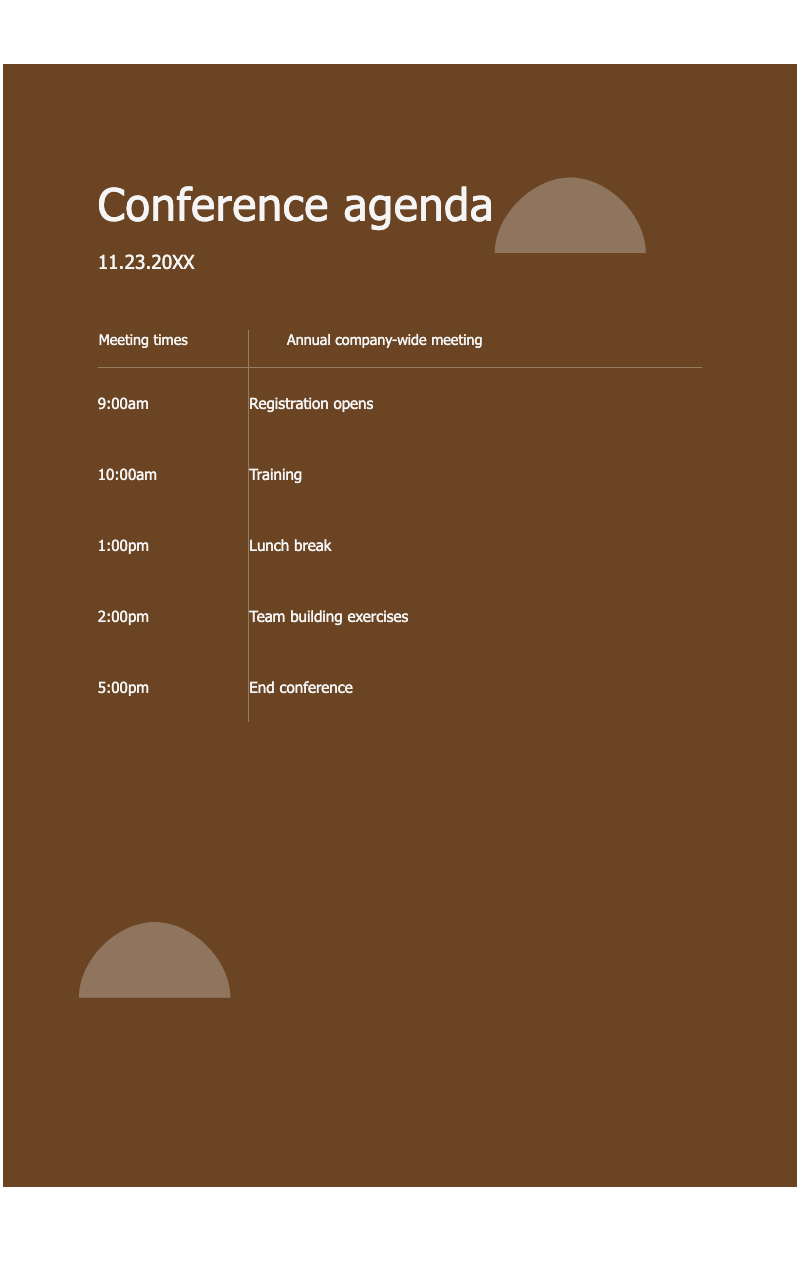 Rustic conference agenda - Rustic brown agenda for corporate meetings with timeline layout and decorative accents.